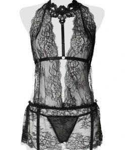 Chemises, Nightwear Grey Velvet Lace Set