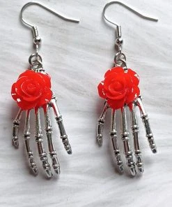 Gothic And Steampunk Jewellery Red Rose Skeleton Earrings Gothic Jewellery