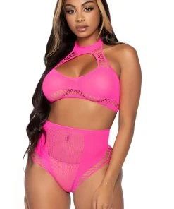 Lingerie Sets Leg Avenue Crop Top And High Waist Bottom Neon Pink