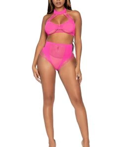 Lingerie Sets Leg Avenue Crop Top And High Waist Bottom Neon Pink