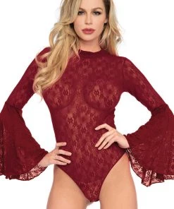 Leg Avenue Lace Bell Sleeve Teddy Burgundy Body, Bodysuits, Teddies