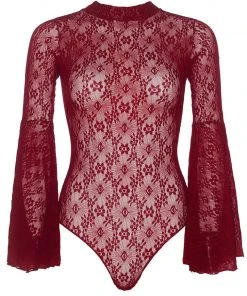 Leg Avenue Lace Bell Sleeve Teddy Burgundy Body, Bodysuits, Teddies