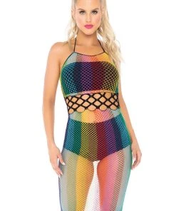 Leg Avenue Rainbow Long Halter Net Dress All Ladies Clothing