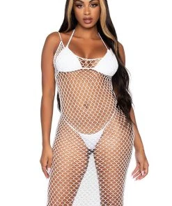 Clubbing Dresses Leg Avenue Woven Twist Net Maxi Dress White