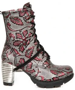 New Rock Boots New Rock Red Metallic Vintage Flower Ankle Boots M.TR001-S6 Gothic Boots