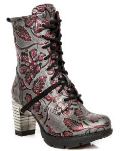New Rock Boots New Rock Red Metallic Vintage Flower Ankle Boots M.TR001-S6 Gothic Boots