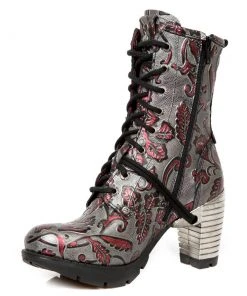 New Rock Boots New Rock Red Metallic Vintage Flower Ankle Boots M.TR001-S6 Gothic Boots