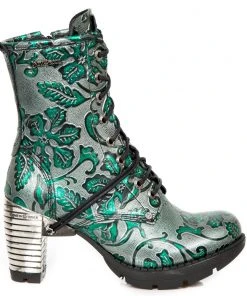 New Rock Boots New Rock Green Metallic Vintage Flower Ankle Boots M.TR001-S7