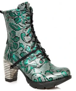 New Rock Boots New Rock Green Metallic Vintage Flower Ankle Boots M.TR001-S7