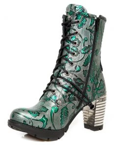 New Rock Boots New Rock Green Metallic Vintage Flower Ankle Boots M.TR001-S7