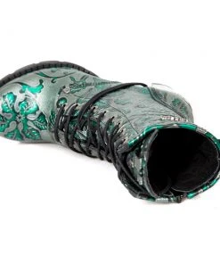 New Rock Boots New Rock Green Metallic Vintage Flower Ankle Boots M.TR001-S7