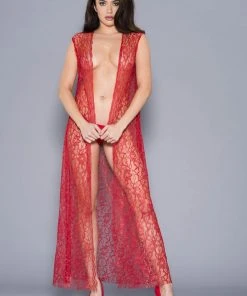 Chemises, Nightwear Music Legs Draping Open Lace Gown Red