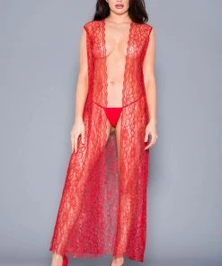 Chemises, Nightwear Music Legs Draping Open Lace Gown Red