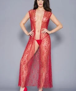 Chemises, Nightwear Music Legs Draping Open Lace Gown Red