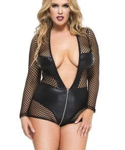 Ladies Fetish Clothing Music Legs Plus Size Long Sleeve Fishnet Teddy