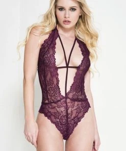 Body, Bodysuits, Teddies Music Legs Scalloped Trim Lace Teddy Burgundy