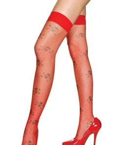 Music Legs Skull Fishnet Thigh Hi Red/Black Pirate Costumes