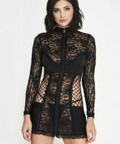 Ladies Fetish Clothing Music Legs Zipper Front Lace Mini Dress
