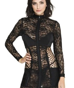 Ladies Fetish Clothing Music Legs Zipper Front Lace Mini Dress
