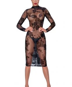 Noir Handmade Powernet And Flock Dress Ladies Fetish Clothing