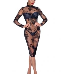 Noir Handmade Powernet And Flock Dress Ladies Fetish Clothing