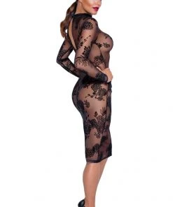 Noir Handmade Powernet And Flock Dress Ladies Fetish Clothing