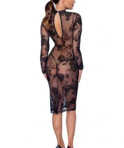 Noir Handmade Powernet And Flock Dress Ladies Fetish Clothing