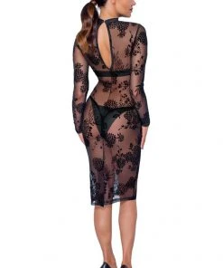 Noir Handmade Powernet And Flock Dress Ladies Fetish Clothing