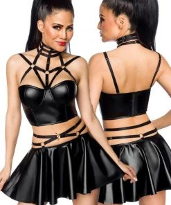 Saresia Harness Wetlook Set Mit Ausgestelltem Rock Ladies Gothic Clothing