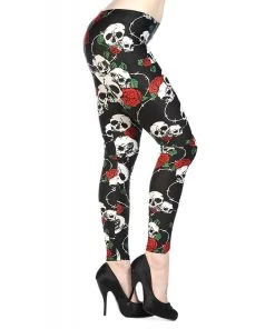 Banned Black And Red Skull Rose Barbwire Leggings All Ladies Clothing