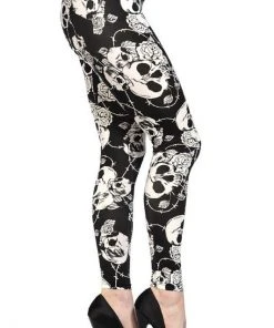 Banned Black White Skull Rose Barbwire Leggings All Ladies Clothing
