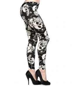 Banned Black White Skull Rose Barbwire Leggings All Ladies Clothing