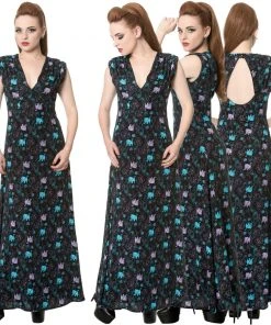 Ladies Gothic Clothing Banned Daring Doodle Cat Maxi Dress