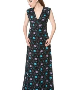 Ladies Gothic Clothing Banned Daring Doodle Cat Maxi Dress