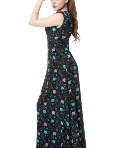 Ladies Gothic Clothing Banned Daring Doodle Cat Maxi Dress