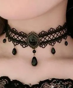 Lace Jewellery Gothic Jewellery Black Criss Cross Lace Choker With Teardrop Beads
