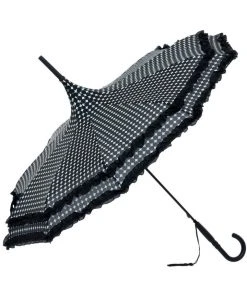 Soake Black Polkadot Frilled Pagoda Umbrella / Parasol Gothic Accessories