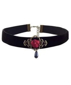 Gothic Collars Black Velvet Red Rose Choker