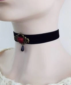 Gothic Collars Black Velvet Red Rose Choker