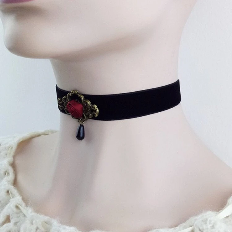 Gothic Collars Black Velvet Red Rose Choker 4 Gothic Collars Black Velvet Red Rose Choker