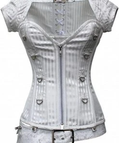 VG London Corsets White Brocade Overbust Steampunk Corset - (Size 20 Inch +)
