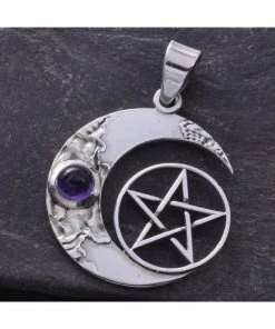 Gothic Jewellery Seventh Sense Crescent Moon And Pentagram Pendant Silver