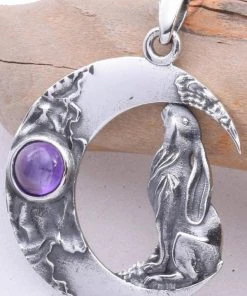 Gothic Jewellery Seventh Sense Crescent Moon With Moongazing Hare Pendant Silver