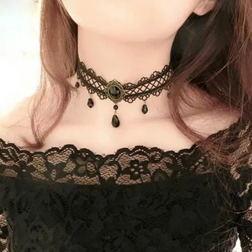 Lace Jewellery Gothic Jewellery Black Criss Cross Lace Choker With Teardrop Beads 8 Lace Jewellery Gothic Jewellery Black Criss Cross Lace Choker With Teardrop Beads