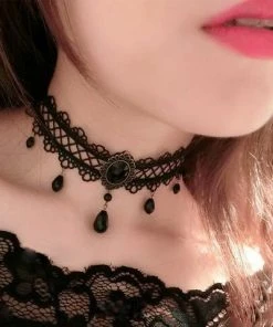 Lace Jewellery Gothic Jewellery Black Criss Cross Lace Choker With Teardrop Beads 10 Lace Jewellery Gothic Jewellery Black Criss Cross Lace Choker With Teardrop Beads