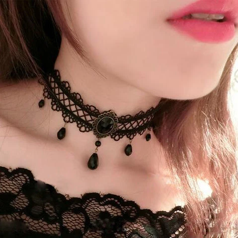 Lace Jewellery Gothic Jewellery Black Criss Cross Lace Choker With Teardrop Beads 5 Lace Jewellery Gothic Jewellery Black Criss Cross Lace Choker With Teardrop Beads