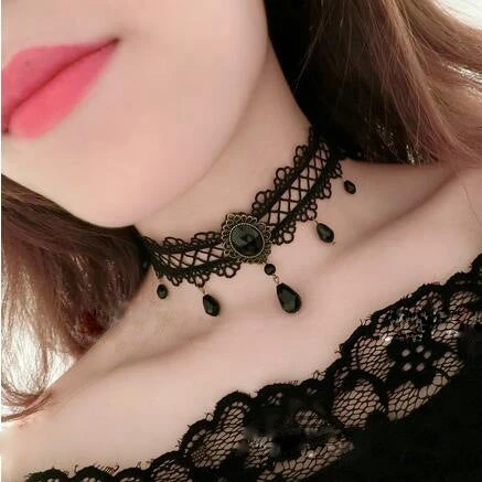 Lace Jewellery Gothic Jewellery Black Criss Cross Lace Choker With Teardrop Beads 7 Lace Jewellery Gothic Jewellery Black Criss Cross Lace Choker With Teardrop Beads
