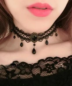 Lace Jewellery Gothic Jewellery Black Criss Cross Lace Choker With Teardrop Beads