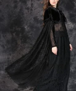 Ladies Gothic Clothing Dark In Love Gothic Cape With Long Flowing Flowered Hem