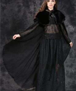 Ladies Gothic Clothing Dark In Love Gothic Cape With Long Flowing Flowered Hem